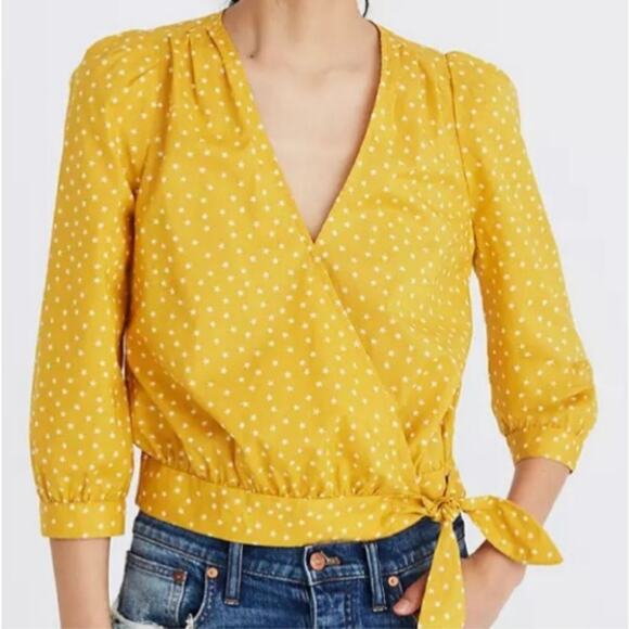 Madewell Wrap Top in Star Scatter Yellow Cotton Cropped Boho Preppy Size S - Picture 1 of 13